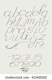 English hand drawn italic type script from a to z with digits from 0 to 9. Calligraphy made with nib beautiful elegant alphabet, painted in graceful style. Isolated on background vector illustration