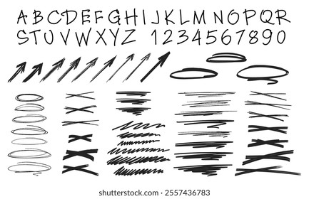 English handwritten alphabet, numbers, arrows, underlines, strokes and more. Doodles and squiggles. Vector set