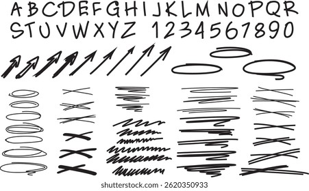 English handwritten alphabet, numbers, arrows, underlines, strokes and more. Doodles and squiggles