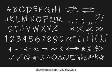 English handwritten alphabet, numbers, punctuation marks and more. 82 hand drawn white objects on black background. Doodles and squiggles. Vector set