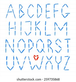 English handwritten font.  Funny ABC of dashes. Design, decor, greeting inscription. Techno.