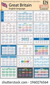English horizontal Big set of pocket calendars for 2022 (two thousand twenty two). Week starts Sunday. New year. Color simple design. Vector