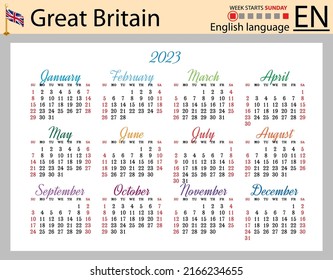 English horizontal pocket calendar for 2023 (two thousand twenty three). Week starts Sunday. New year. Color simple design. Vector