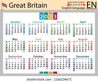 English horizontal pocket calendar for 2023 (two thousand twenty three). Week starts Sunday. New year. Color simple design. Vector
