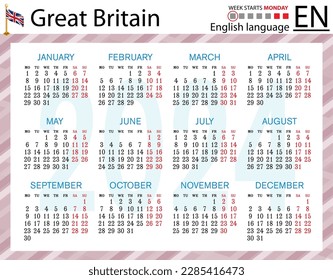 English horizontal pocket calendar for 2024 (two thousand twenty four). Week starts Monday. New year. Color simple design. Vector