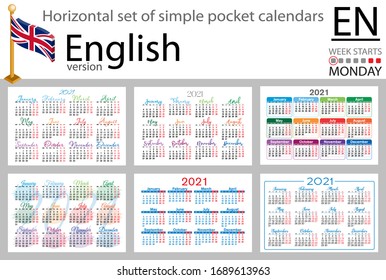 English horizontal set of pocket calendars for 2021 (two thousand twenty one). Week starts Monday. New year. Color simple design. Vector