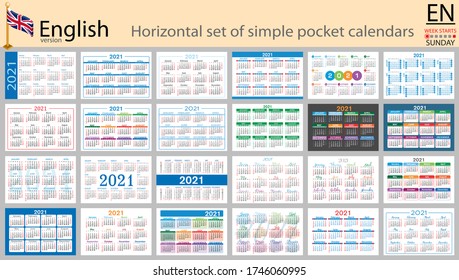 English horizontal set of pocket calendars for 2021 (two thousand twenty one). Week starts Sunday. New year. Color simple design. Vector