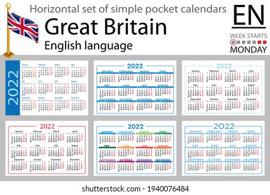 English horizontal set of pocket calendars for 2022 (two thousand twenty two). Week starts Monday. New year. Color simple design. Vector
