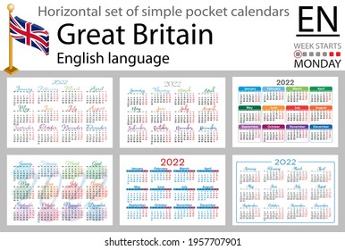 English horizontal set of pocket calendars for 2022 (two thousand twenty two). Week starts Monday. New year. Color simple design. Vector