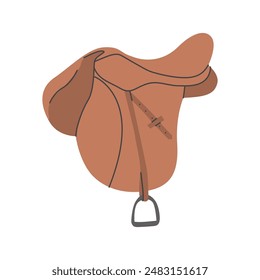 English Horse Saddle. Equestrian tack. Equine sports. Horse stables equipment. Vector illustration colored flat hand drawn isolated on white background.