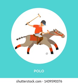 English horseback mounted team sport. Vector polo player, equine sports on stallion and player in round button. Man on horse holding stick, hitting ball