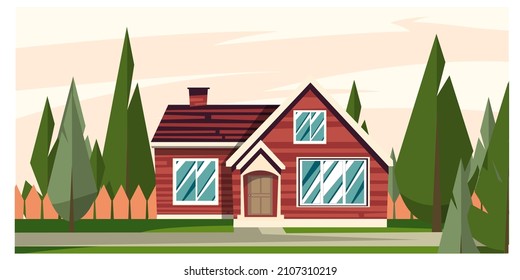 English house backyard with green lawn, fence and trees