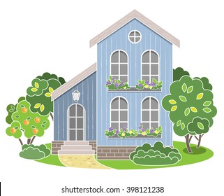 English house facade. Vector illustration. Colorful Residential House. Exterior design, front view.
