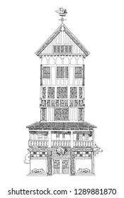 English house. Traditional architecture of the 18th century based of medieval tradition. Sketch collection.