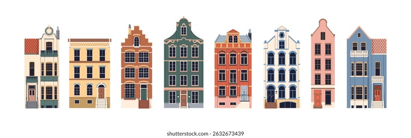 Casas inglesas definidas. Edifícios britânicos do Reino Unido com antigas fachadas históricas, exteriores, janelas, varandas. Coleção de arquitetura urbana tradicional. Ilustração de vetor plano isolada em fundo branco.
