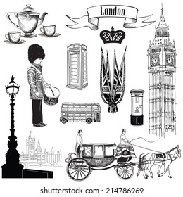 English icon set. London symbols, England, UK, Europe. Hand drawing vintage illustration over white  background. 