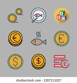 english icon set. vector set about fish, pound sterling, coin and coins icons set.