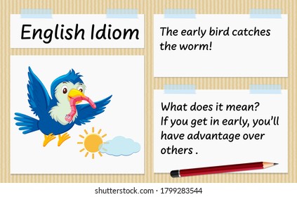 English idiom the early bird catches the worm template illustration