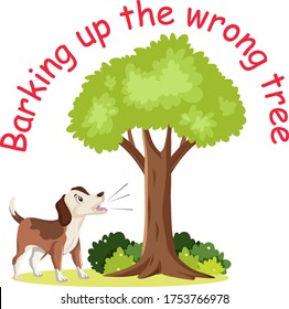 English idiom with picture description for barking up the wrong tree on white background illustration