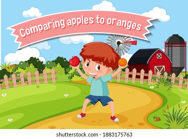 Idioma inglés con descripción de imagen para comparar manzanas con ilustración de naranjas