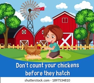 English idiom with picture description for don't count your chickens before they hatch illustration