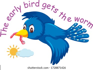 English idiom with picture description for early bird gets the worm on white background illustration