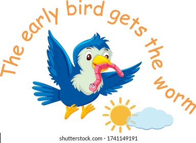 English Idiom With Picture Description For Early Bird Gets The Worm On White Background Illustration