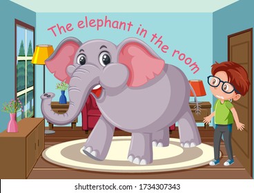 English idiom with picture description for elephant in the room on white background illustration