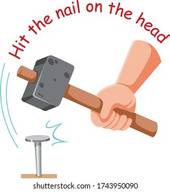 English idiom with picture description for hit the nail on the head on white background illustration