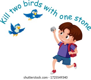 English idiom with picture description for kill two birds with one stone on white background illustration