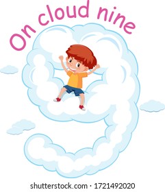 English idiom with picture description for on cloud nine on white background illustration