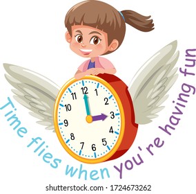 English idiom with picture description for time flies when you are having fun on white background illustration