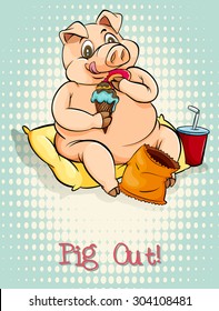 English idiom pig out illustration
