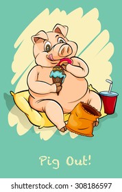 English idiom pig out illustration