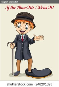 An English idiom showing a boy fitting a big shoe