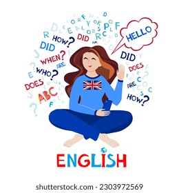 English. Illustration for book, dictionary, vocabulary, speaking, reading, writing, listening skills. Learn English concept. Young woman girl student learning english. Education vector 