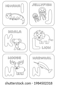 English I-N alphabet family kids game. Coloring pages with animals and letters that can be used for learning, education, relax, childish games. Vector cartoon doodle illustrations for print