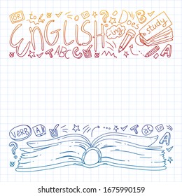 English internet online courses. Doodle vector concept illustration of learning english language.