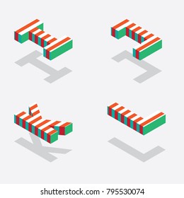 English isometric alphabet with bright red stripes and shadows. Part one, letters I J K L