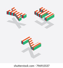 English isometric alphabet with bright red stripes and shadows. Part one, letters X Y Z