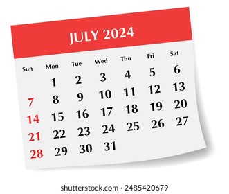 ENGLISH July 2024 calendar. Vector illustration. Monthly planning for your business events