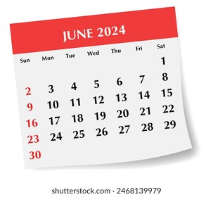 ENGLISH June 2024 calendar. Vector illustration. Monthly planning for your business events