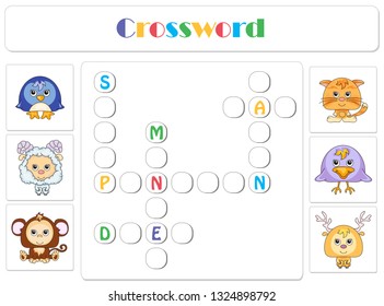 English for kids. Animals crossword. Write correctly words penguin, sheep, monkey, cat, raven, deer