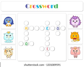 English for kids. Animals crossword. Write correctly words penguin, rhino, cow, hedgehog, fox, pig