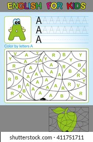 English for kids. Color by letters A. Coloring book for children. Spelling and games for kids. We study and write capital letters of the English alphabet