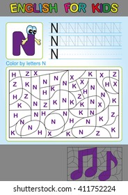 English for kids. Color by letters N. Coloring book for children. Spelling and games for kids. We study and write capital letters of the English alphabet