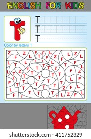 English for kids. Color by letters T. Coloring book for children. Spelling and games for kids. We study and write capital letters of the English alphabet