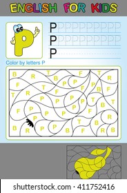English for kids. Color by letters P. Coloring book for children. Spelling and games for kids. We study and write capital letters of the English alphabet