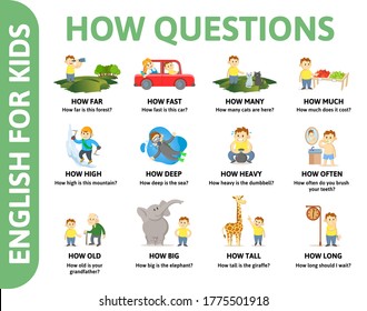 English for kids poster. HOW questions with different chartoon characters. Dictionary card for English language learning. Colorful flat vector illustration.