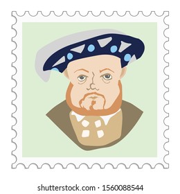 English king Henry Eighth who was cruel and bloody dictator and tiran. Famous people series. Motives of historical events, history of England, Europe, medieval ages. Portrait on vector stamp